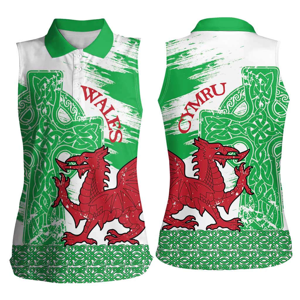 Grunge Green Wales Women Sleeveless Polo Shirt Celtic Cross Welsh Red Dragon - Wonder Print Shop