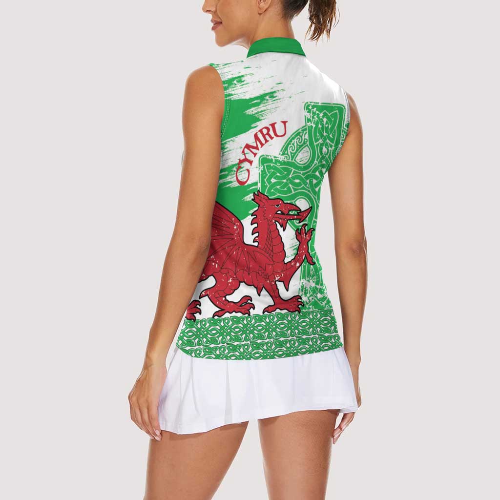 Grunge Green Wales Women Sleeveless Polo Shirt Celtic Cross Welsh Red Dragon - Wonder Print Shop