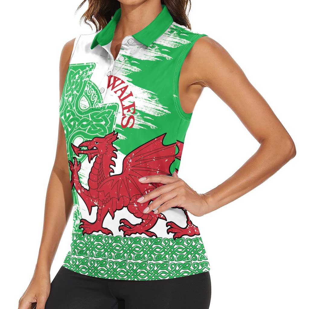 Grunge Green Wales Women Sleeveless Polo Shirt Celtic Cross Welsh Red Dragon - Wonder Print Shop
