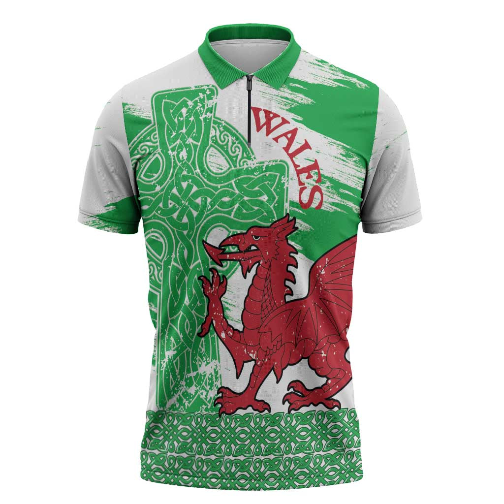 Grunge Green Wales Zipper Polo Shirt Celtic Cross Welsh Red Dragon - Wonder Print Shop
