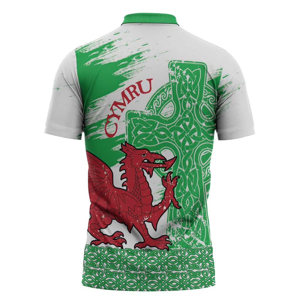Grunge Green Wales Zipper Polo Shirt Celtic Cross Welsh Red Dragon - Wonder Print Shop