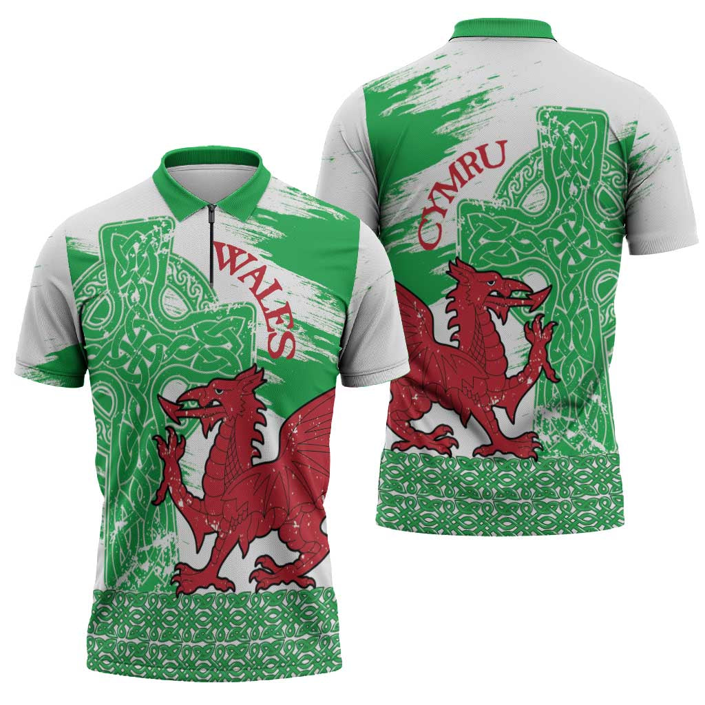 Grunge Green Wales Zipper Polo Shirt Celtic Cross Welsh Red Dragon - Wonder Print Shop