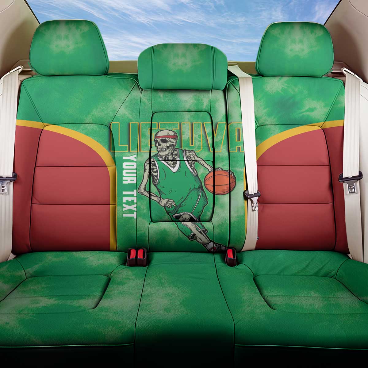 Lithuania Tie Dye Basketball Custom Back Car Seat Cover Lietuva Skeleton Green - Wonder Print Shop