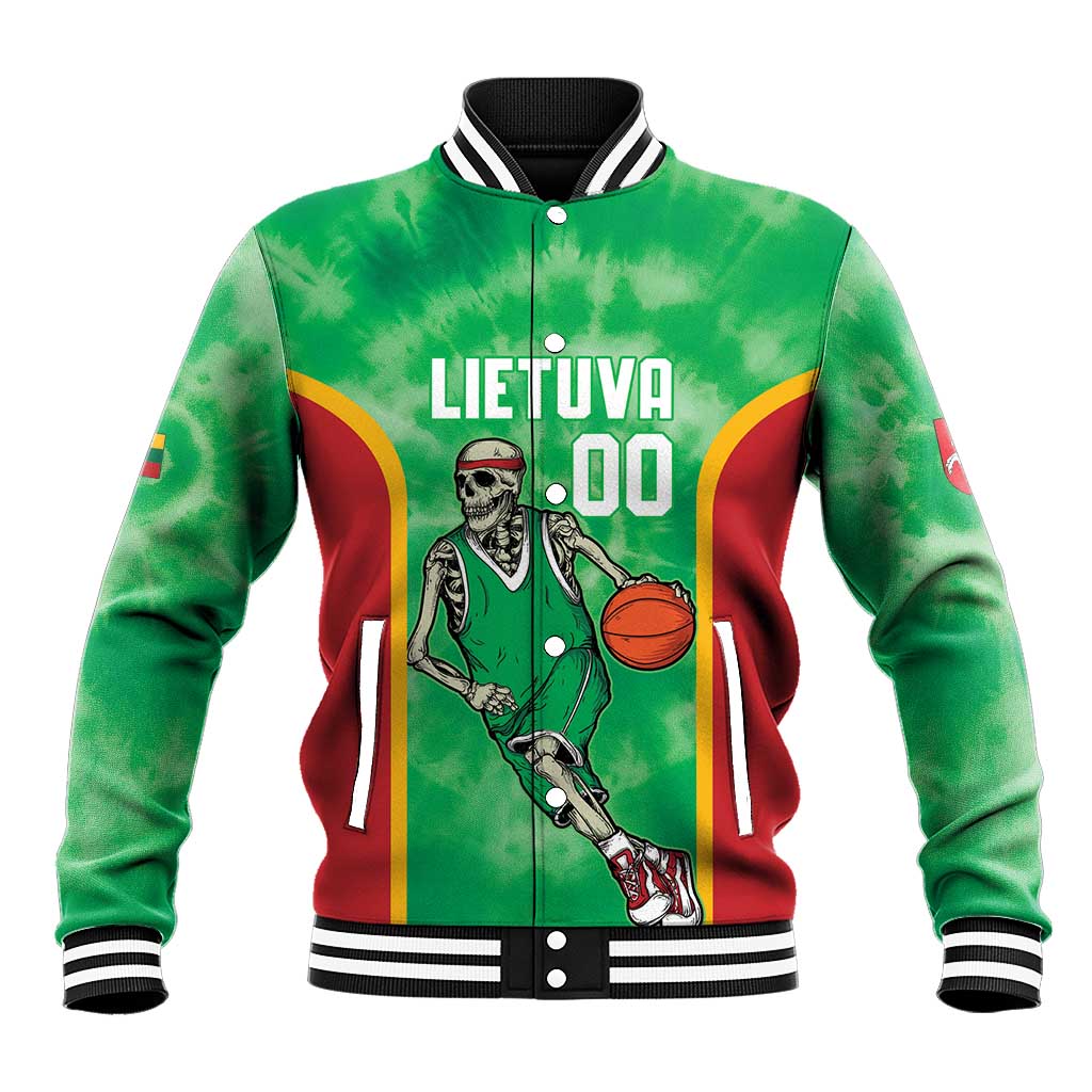 Lithuania Tie Dye Basketball Custom Baseball Jacket Lietuva Skeleton Green - Wonder Print Shop