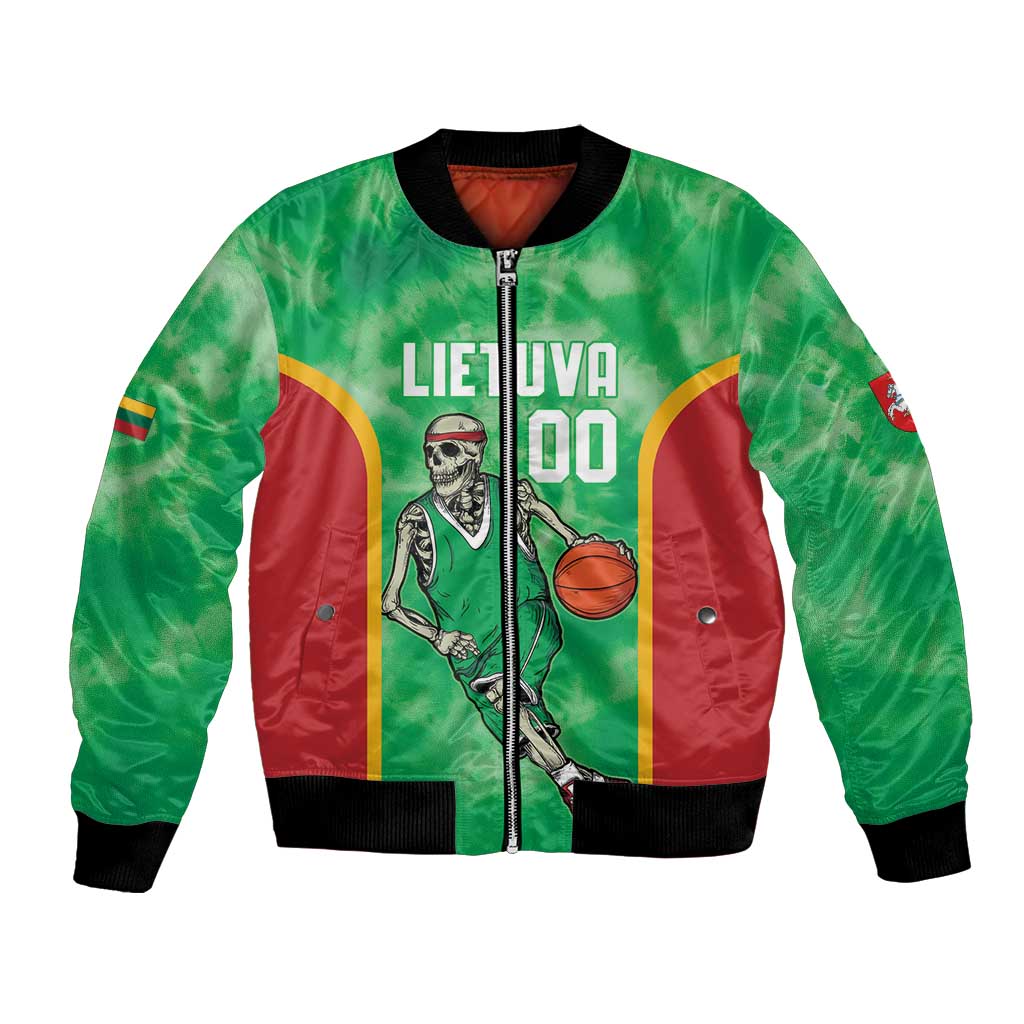 Lithuania Tie Dye Basketball Custom Bomber Jacket Lietuva Skeleton Green - Wonder Print Shop