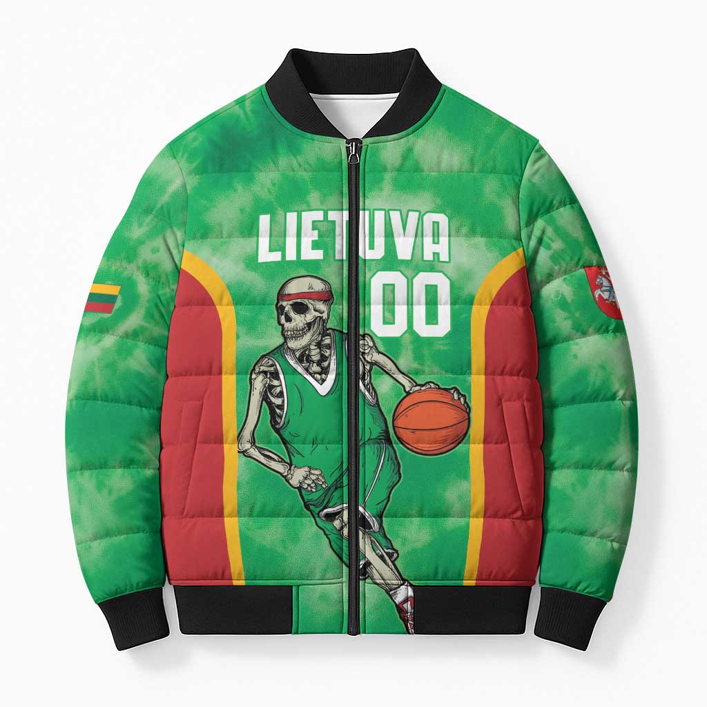 Lithuania Tie Dye Basketball Custom Bomber Puffer Jacket Lietuva Skeleton Green - Wonder Print Shop