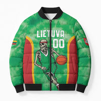 Lithuania Tie Dye Basketball Custom Bomber Puffer Jacket Lietuva Skeleton Green - Wonder Print Shop