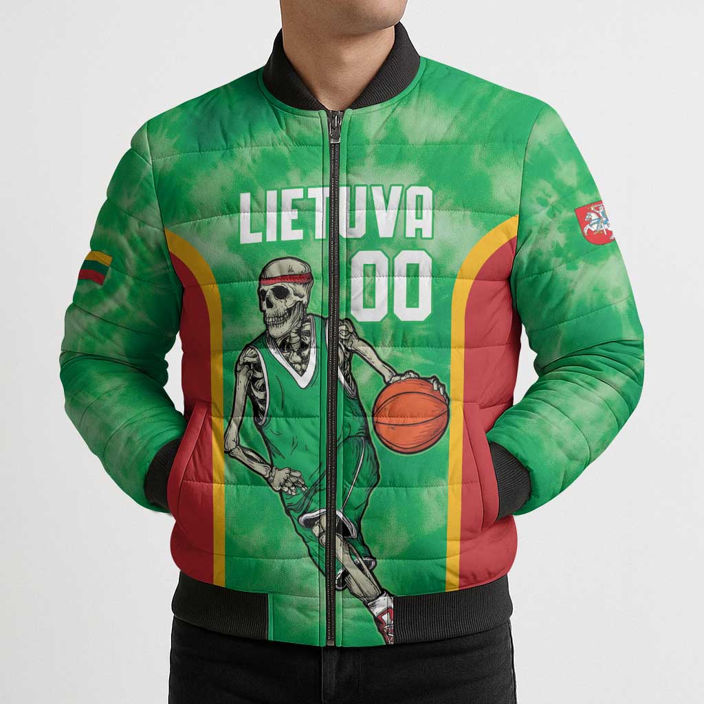 Lithuania Tie Dye Basketball Custom Bomber Puffer Jacket Lietuva Skeleton Green - Wonder Print Shop