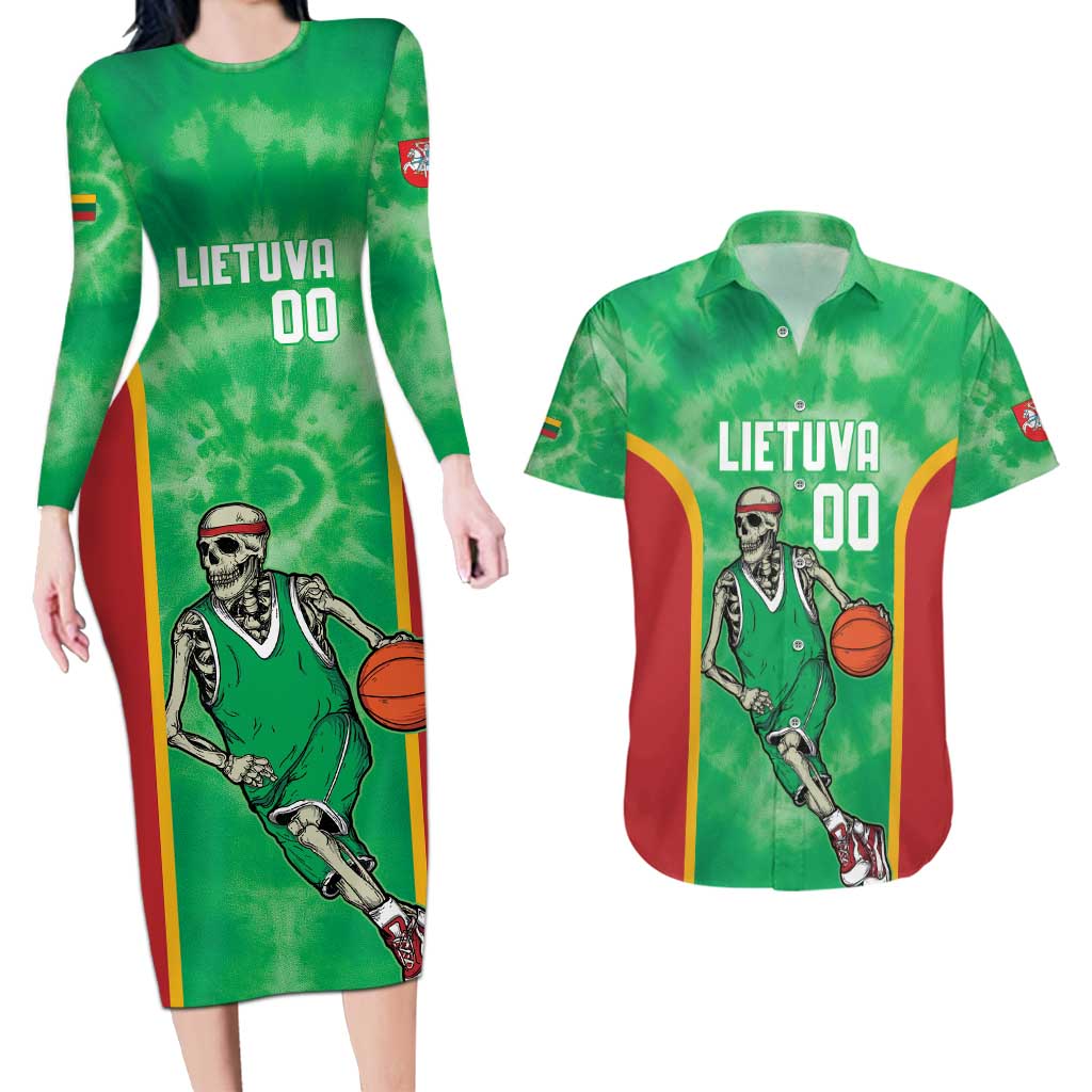 Lithuania Tie Dye Basketball Custom Couples Matching Long Sleeve Bodycon Dress and Hawaiian Shirt Lietuva Skeleton Green - Wonder Print Shop