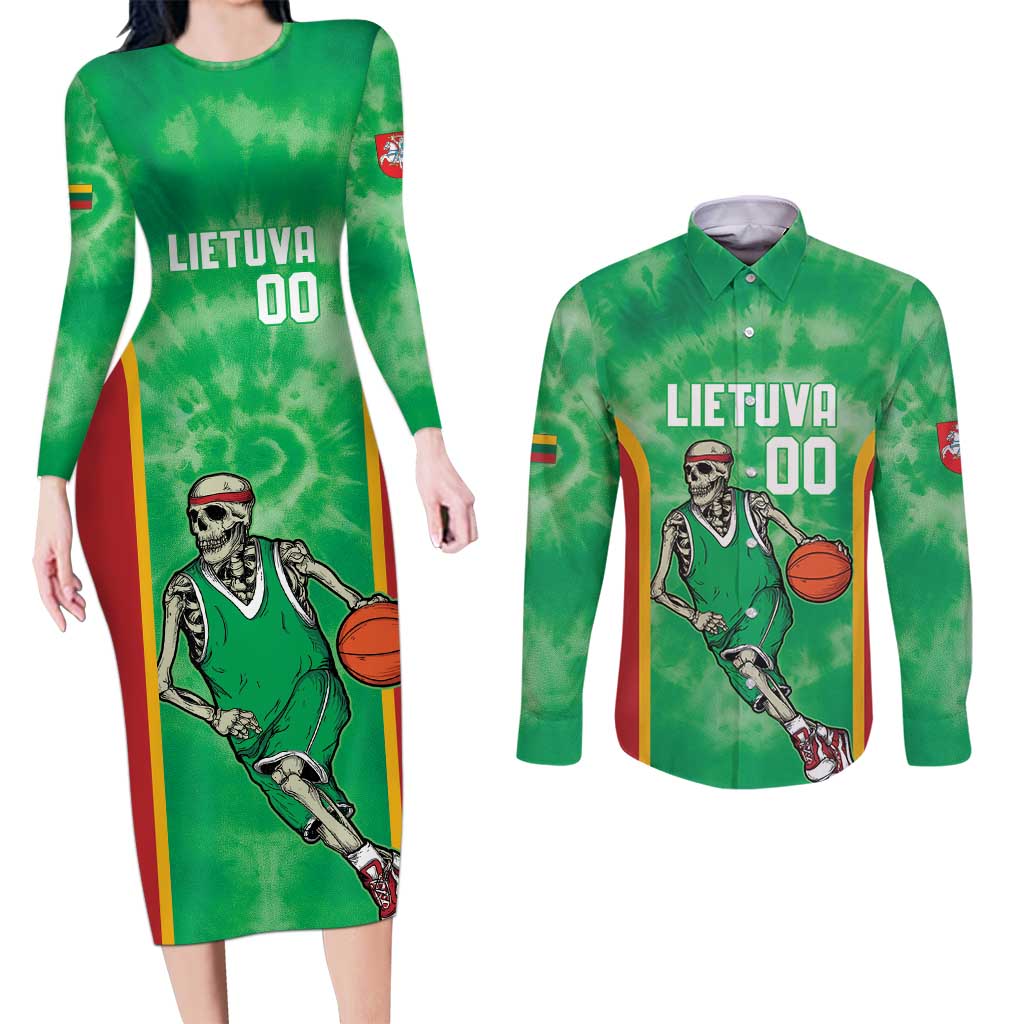 Lithuania Tie Dye Basketball Custom Couples Matching Long Sleeve Bodycon Dress and Long Sleeve Button Shirt Lietuva Skeleton Green - Wonder Print Shop