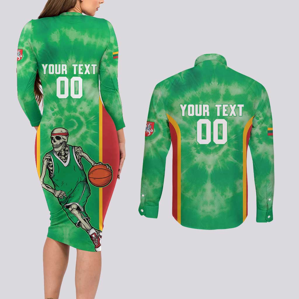 Lithuania Tie Dye Basketball Custom Couples Matching Long Sleeve Bodycon Dress and Long Sleeve Button Shirt Lietuva Skeleton Green - Wonder Print Shop