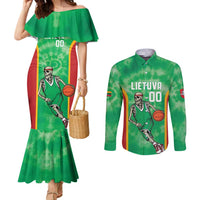 Lithuania Tie Dye Basketball Custom Couples Matching Mermaid Dress and Long Sleeve Button Shirt Lietuva Skeleton Green - Wonder Print Shop