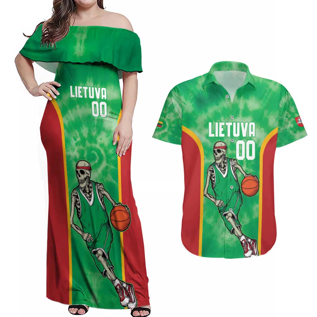 Lithuania Tie Dye Basketball Custom Couples Matching Off Shoulder Maxi Dress and Hawaiian Shirt Lietuva Skeleton Green - Wonder Print Shop