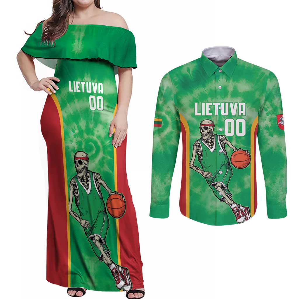 Lithuania Tie Dye Basketball Custom Couples Matching Off Shoulder Maxi Dress and Long Sleeve Button Shirt Lietuva Skeleton Green - Wonder Print Shop