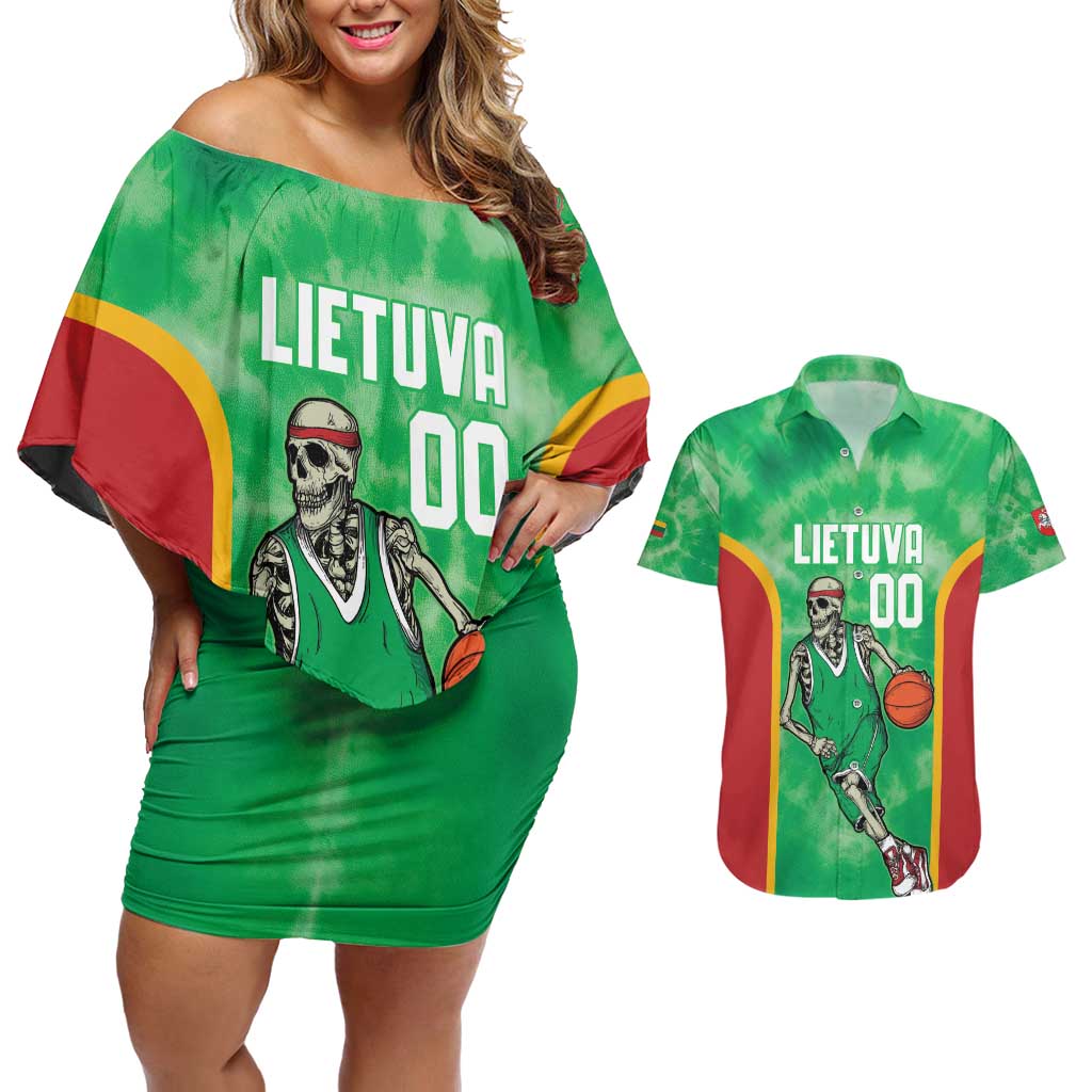 Lithuania Tie Dye Basketball Custom Couples Matching Off Shoulder Short Dress and Hawaiian Shirt Lietuva Skeleton Green - Wonder Print Shop