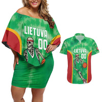 Lithuania Tie Dye Basketball Custom Couples Matching Off Shoulder Short Dress and Hawaiian Shirt Lietuva Skeleton Green - Wonder Print Shop