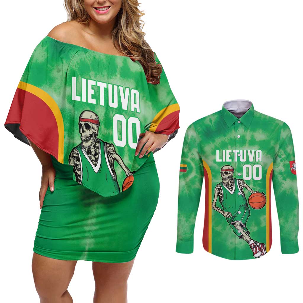 Lithuania Tie Dye Basketball Custom Couples Matching Off Shoulder Short Dress and Long Sleeve Button Shirt Lietuva Skeleton Green - Wonder Print Shop