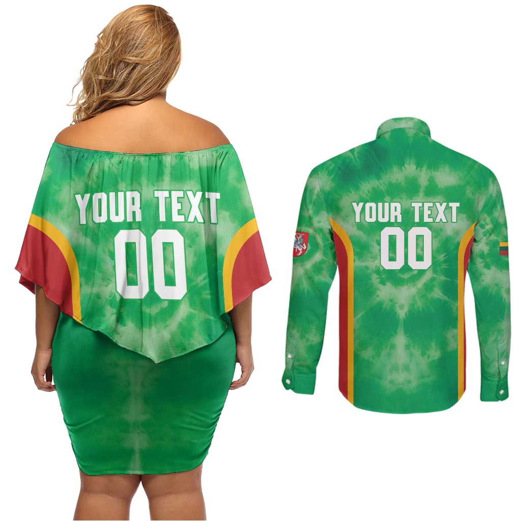 Lithuania Tie Dye Basketball Custom Couples Matching Off Shoulder Short Dress and Long Sleeve Button Shirt Lietuva Skeleton Green - Wonder Print Shop