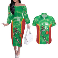 Lithuania Tie Dye Basketball Custom Couples Matching Off The Shoulder Long Sleeve Dress and Hawaiian Shirt Lietuva Skeleton Green - Wonder Print Shop