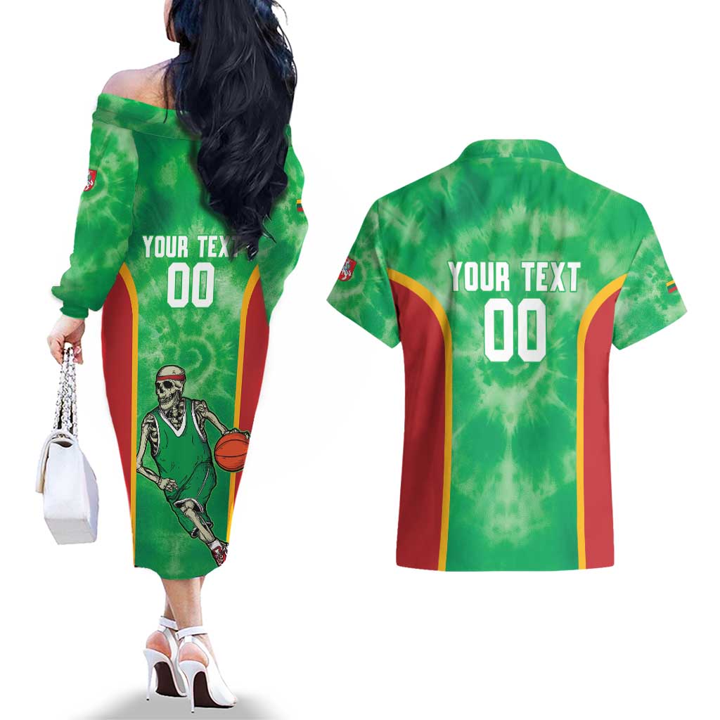 Lithuania Tie Dye Basketball Custom Couples Matching Off The Shoulder Long Sleeve Dress and Hawaiian Shirt Lietuva Skeleton Green - Wonder Print Shop