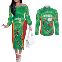 Lithuania Tie Dye Basketball Custom Couples Matching Off The Shoulder Long Sleeve Dress and Long Sleeve Button Shirt Lietuva Skeleton Green - Wonder Print Shop