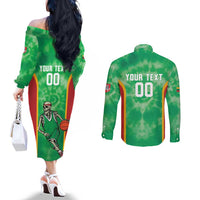 Lithuania Tie Dye Basketball Custom Couples Matching Off The Shoulder Long Sleeve Dress and Long Sleeve Button Shirt Lietuva Skeleton Green - Wonder Print Shop