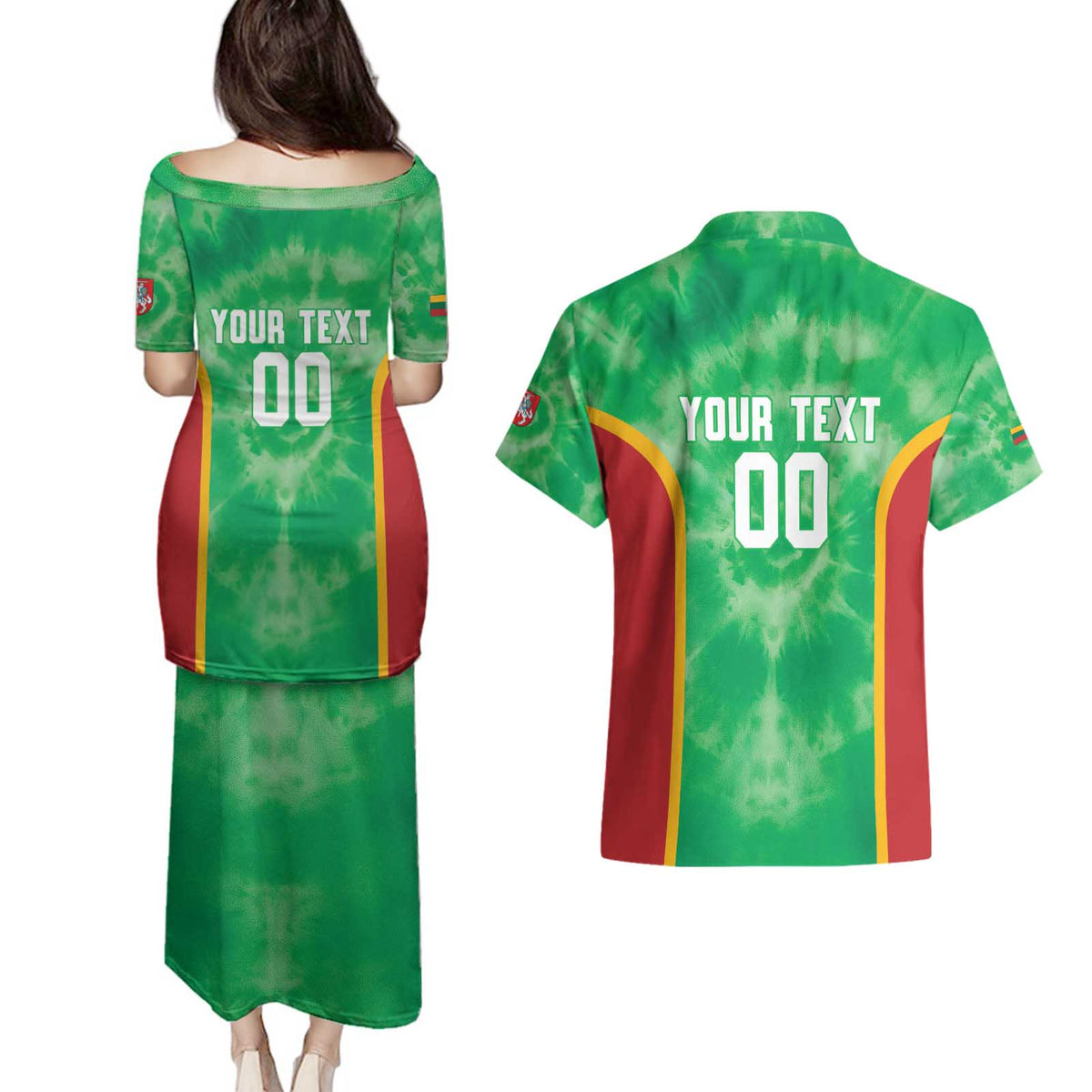 Lithuania Tie Dye Basketball Custom Couples Matching Puletasi and Hawaiian Shirt Lietuva Skeleton Green - Wonder Print Shop