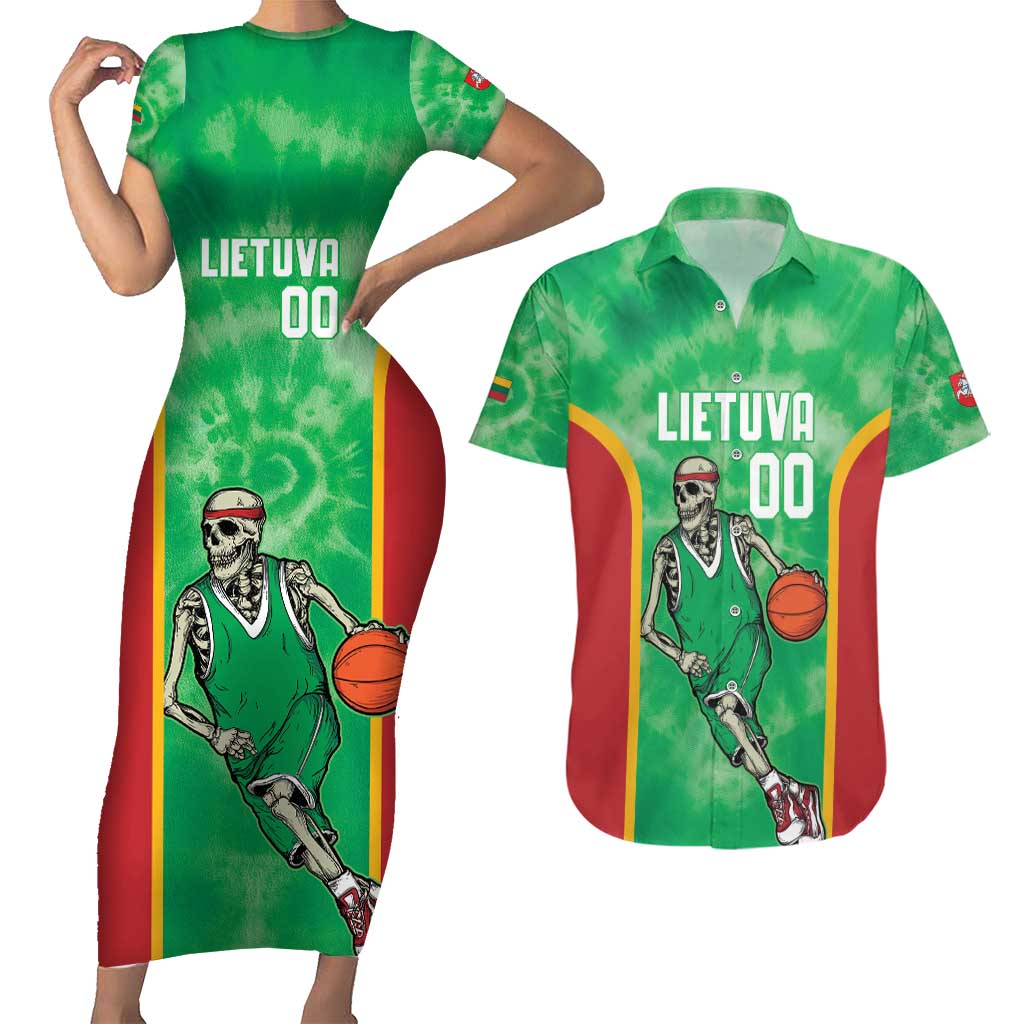 Lithuania Tie Dye Basketball Custom Couples Matching Short Sleeve Bodycon Dress and Hawaiian Shirt Lietuva Skeleton Green - Wonder Print Shop