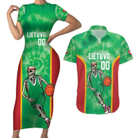 Lithuania Tie Dye Basketball Custom Couples Matching Short Sleeve Bodycon Dress and Hawaiian Shirt Lietuva Skeleton Green - Wonder Print Shop