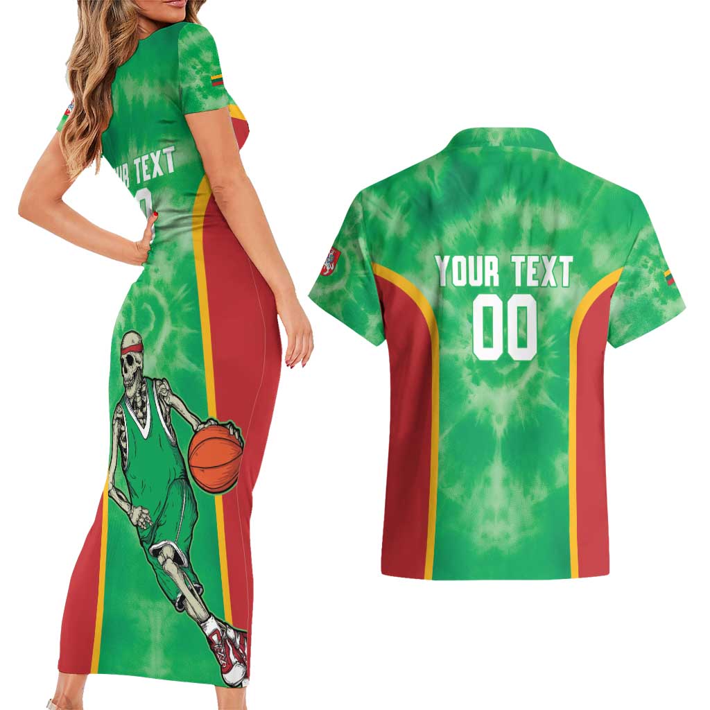 Lithuania Tie Dye Basketball Custom Couples Matching Short Sleeve Bodycon Dress and Hawaiian Shirt Lietuva Skeleton Green - Wonder Print Shop