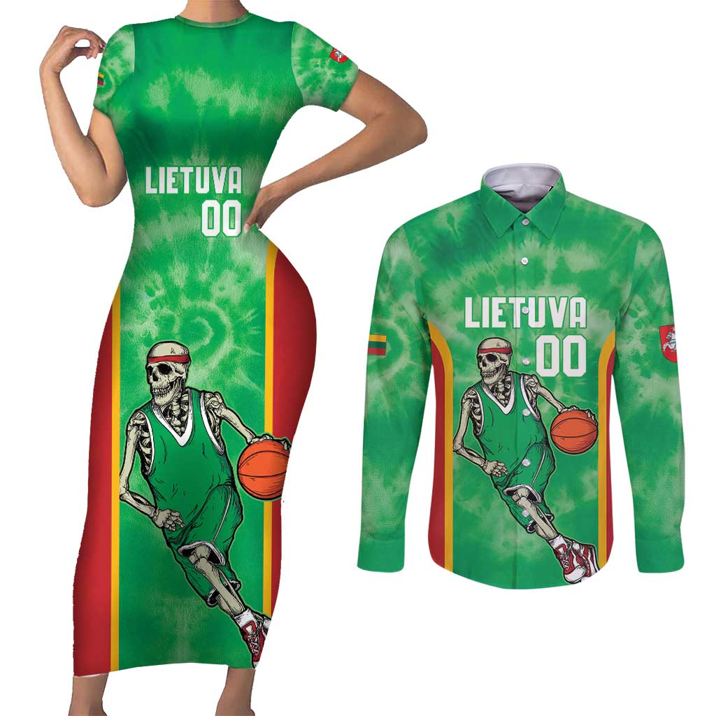 Lithuania Tie Dye Basketball Custom Couples Matching Short Sleeve Bodycon Dress and Long Sleeve Button Shirt Lietuva Skeleton Green - Wonder Print Shop