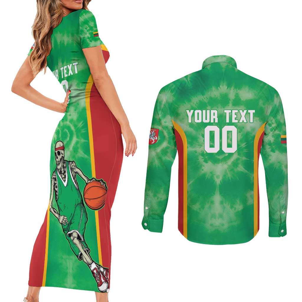 Lithuania Tie Dye Basketball Custom Couples Matching Short Sleeve Bodycon Dress and Long Sleeve Button Shirt Lietuva Skeleton Green - Wonder Print Shop