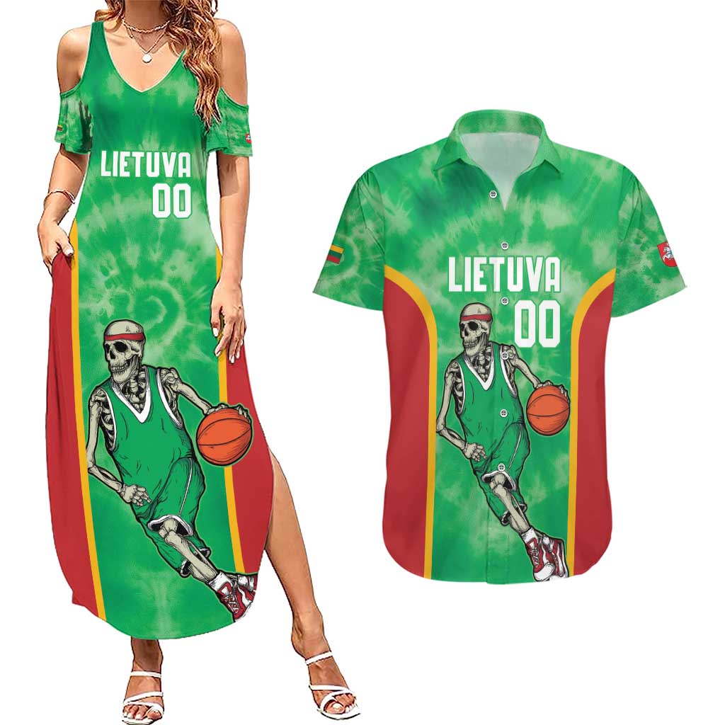 Lithuania Tie Dye Basketball Custom Couples Matching Summer Maxi Dress and Hawaiian Shirt Lietuva Skeleton Green - Wonder Print Shop
