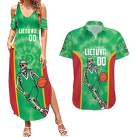 Lithuania Tie Dye Basketball Custom Couples Matching Summer Maxi Dress and Hawaiian Shirt Lietuva Skeleton Green - Wonder Print Shop