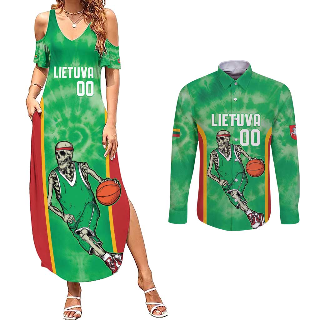 Lithuania Tie Dye Basketball Custom Couples Matching Summer Maxi Dress and Long Sleeve Button Shirt Lietuva Skeleton Green - Wonder Print Shop