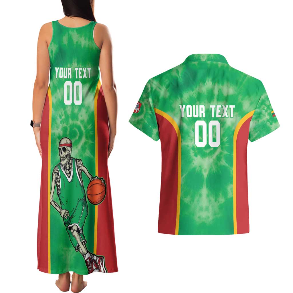 Lithuania Tie Dye Basketball Custom Couples Matching Tank Maxi Dress and Hawaiian Shirt Lietuva Skeleton Green - Wonder Print Shop