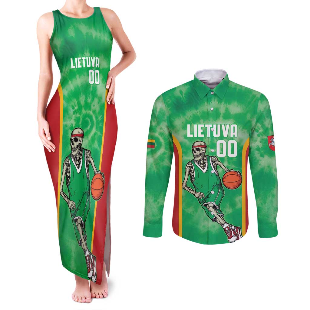 Lithuania Tie Dye Basketball Custom Couples Matching Tank Maxi Dress and Long Sleeve Button Shirt Lietuva Skeleton Green - Wonder Print Shop