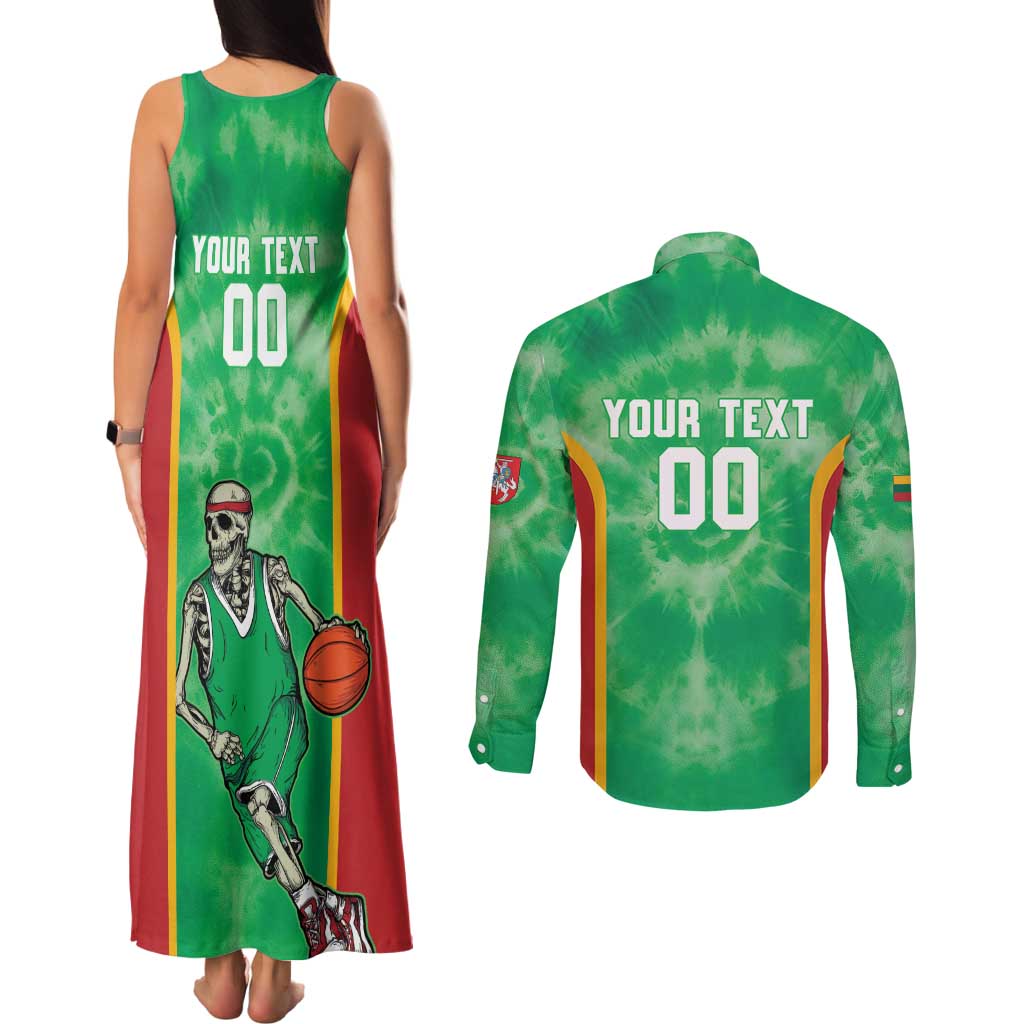 Lithuania Tie Dye Basketball Custom Couples Matching Tank Maxi Dress and Long Sleeve Button Shirt Lietuva Skeleton Green - Wonder Print Shop