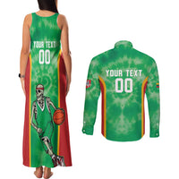 Lithuania Tie Dye Basketball Custom Couples Matching Tank Maxi Dress and Long Sleeve Button Shirt Lietuva Skeleton Green - Wonder Print Shop
