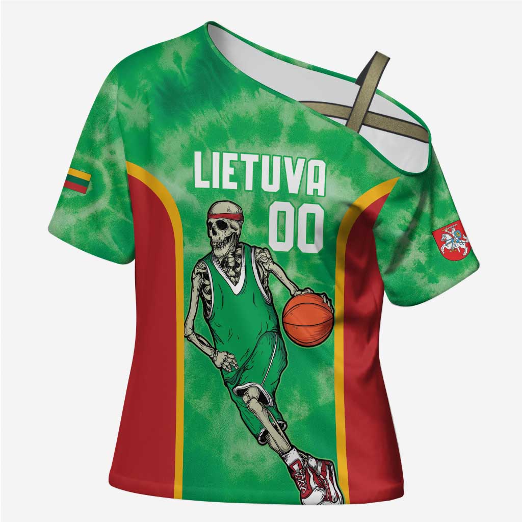 Lithuania Tie Dye Basketball Custom Cross Shoulder Shirt Lietuva Skeleton Green - Wonder Print Shop
