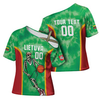 Lithuania Tie Dye Basketball Custom Cross Shoulder Shirt Lietuva Skeleton Green - Wonder Print Shop