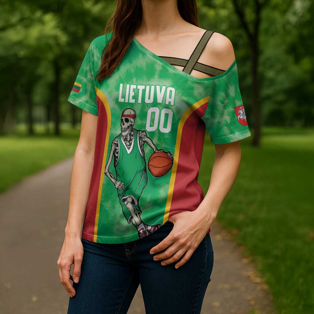 Lithuania Tie Dye Basketball Custom Cross Shoulder Shirt Lietuva Skeleton Green - Wonder Print Shop
