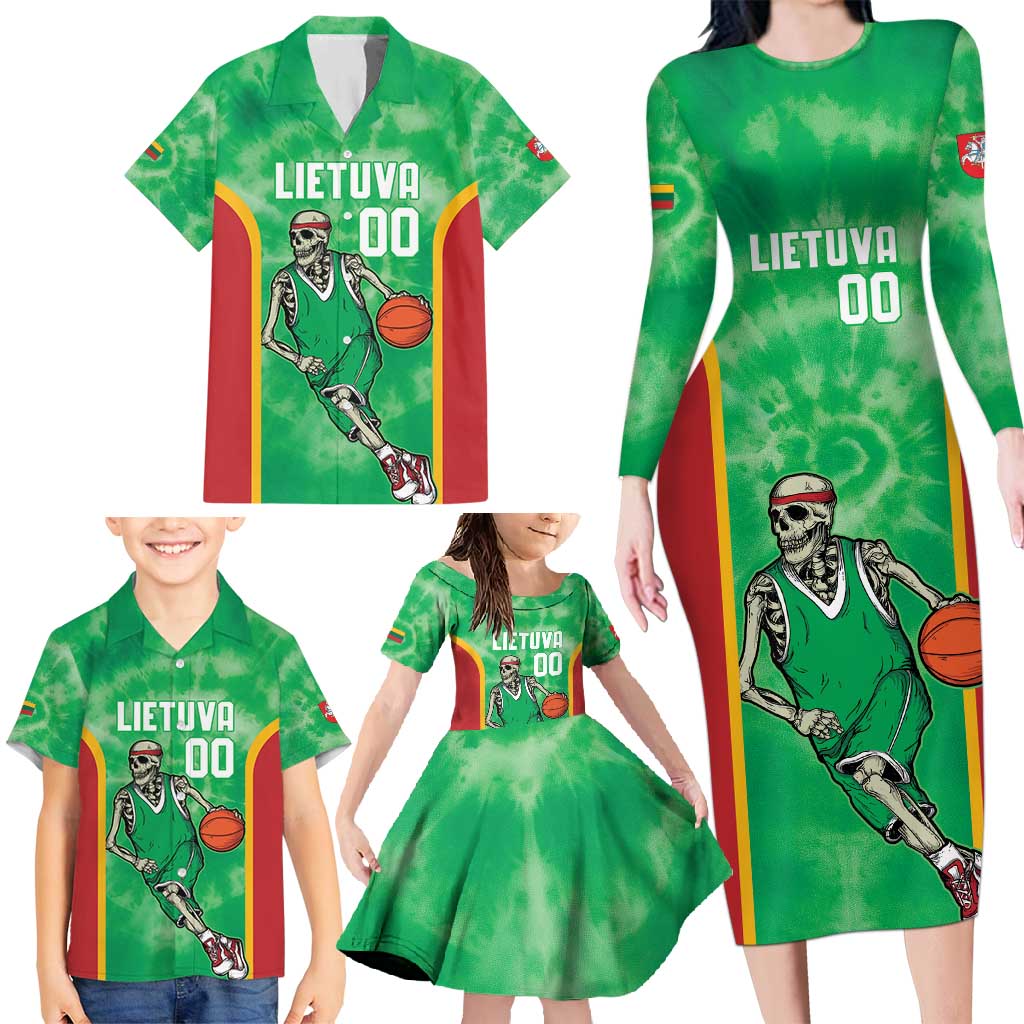 Lithuania Tie Dye Basketball Custom Family Matching Long Sleeve Bodycon Dress and Hawaiian Shirt Lietuva Skeleton Green - Wonder Print Shop