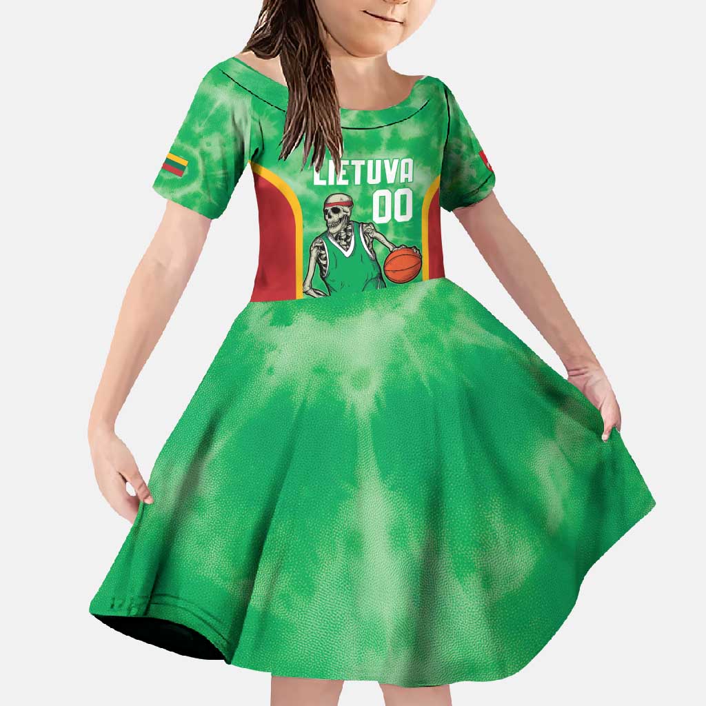 Lithuania Tie Dye Basketball Custom Family Matching Mermaid Dress and Hawaiian Shirt Lietuva Skeleton Green - Wonder Print Shop