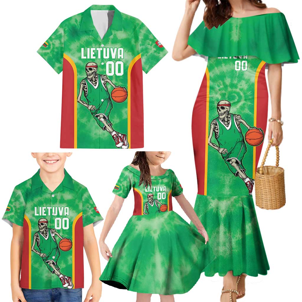 Lithuania Tie Dye Basketball Custom Family Matching Mermaid Dress and Hawaiian Shirt Lietuva Skeleton Green - Wonder Print Shop
