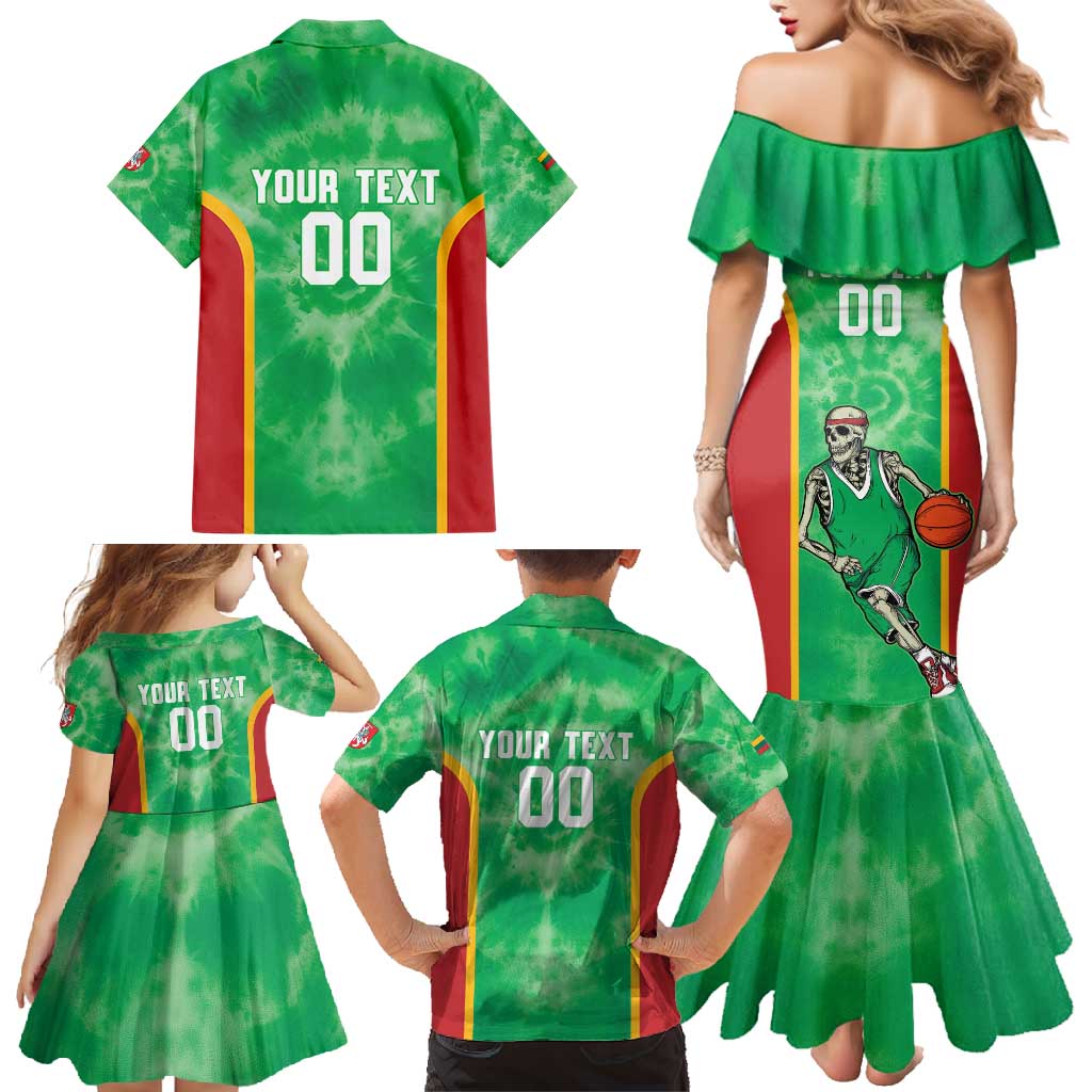 Lithuania Tie Dye Basketball Custom Family Matching Mermaid Dress and Hawaiian Shirt Lietuva Skeleton Green - Wonder Print Shop