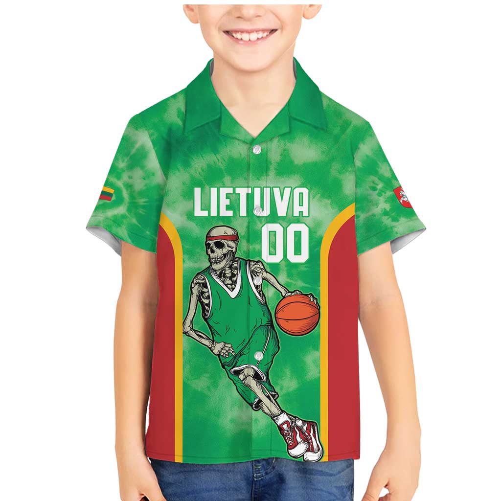 Lithuania Tie Dye Basketball Custom Family Matching Mermaid Dress and Hawaiian Shirt Lietuva Skeleton Green - Wonder Print Shop