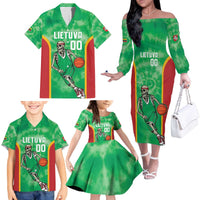 Lithuania Tie Dye Basketball Custom Family Matching Off The Shoulder Long Sleeve Dress and Hawaiian Shirt Lietuva Skeleton Green - Wonder Print Shop