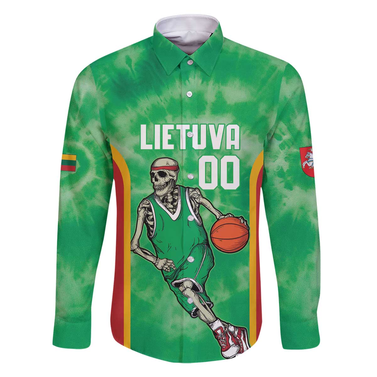 Lithuania Tie Dye Basketball Custom Family Matching Off The Shoulder Long Sleeve Dress and Hawaiian Shirt Lietuva Skeleton Green - Wonder Print Shop