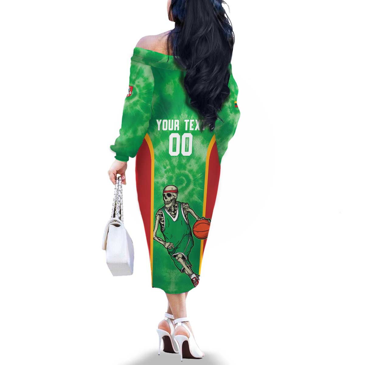 Lithuania Tie Dye Basketball Custom Family Matching Off The Shoulder Long Sleeve Dress and Hawaiian Shirt Lietuva Skeleton Green - Wonder Print Shop